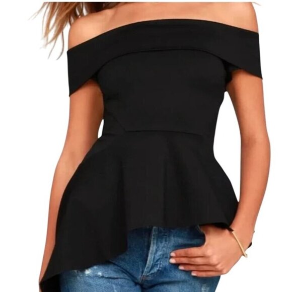Lulus Top Black Off-Shoulder Asymmetrical Hem Peplum Edgy Dark Fairy S - Picture 1 of 6